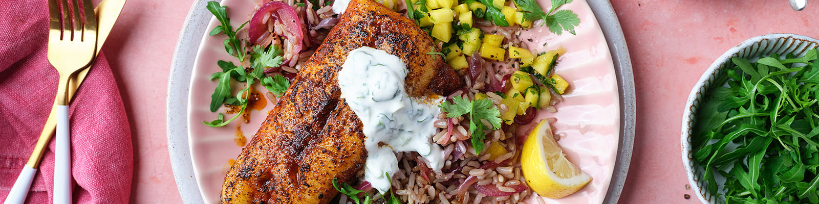Spiced Hake with Brown Rice, Mango Salsa & Creamy Coriander and Lime Dressing