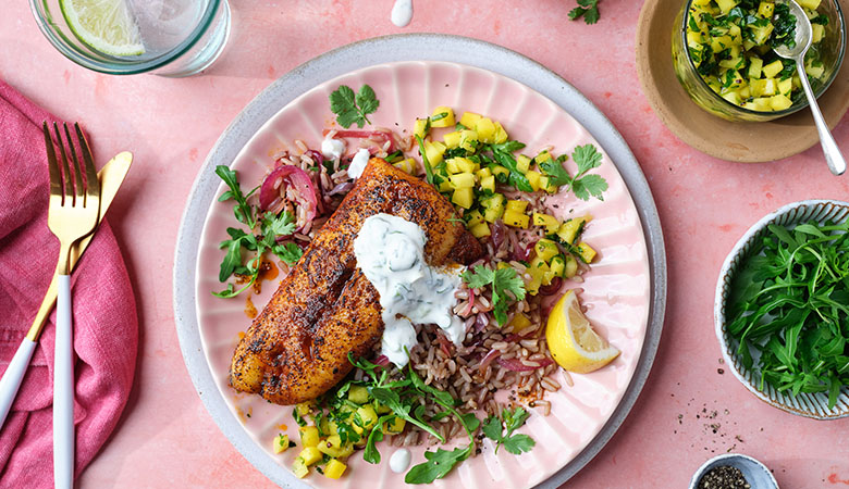 Spiced Hake with Brown Rice, Mango Salsa & Creamy Coriander and Lime Dressing