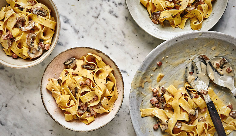 Brie, Mushroom & Crispy Bacon Pasta