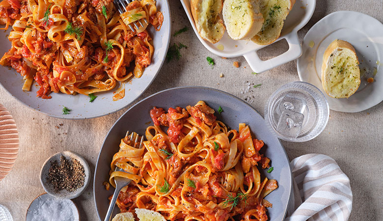 Sausage and Fennel Tagliatelle with Crushed Tomato Sauce