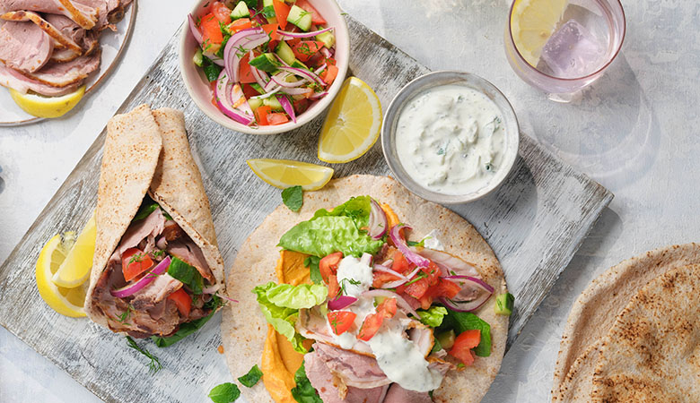 Lamb Roast Wraps with Tzatziki & Cucumber Tomato Salad