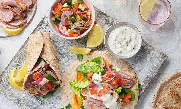 Lamb Roast Wraps with Tzatziki & Cucumber Tomato Salad