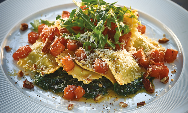 Buffalo Milk Ricotta & Spinach Ravioli with Butternut Squash and Toasted Pecans