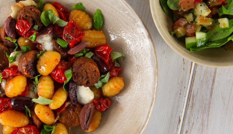 Roasted Gnocchi, Cherry Tomatoes & Veggie Sausages