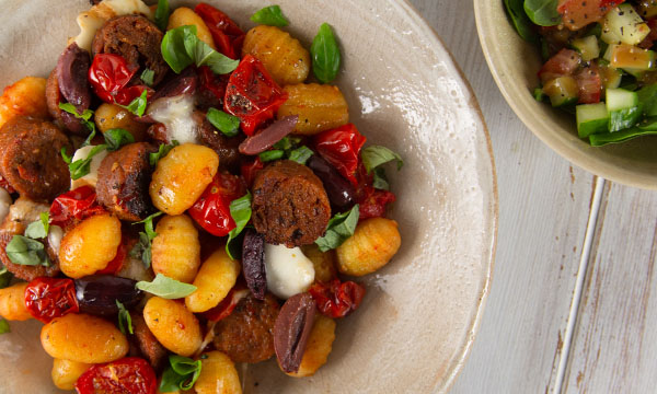 Roasted Gnocchi, Cherry Tomatoes & Veggie Sausages