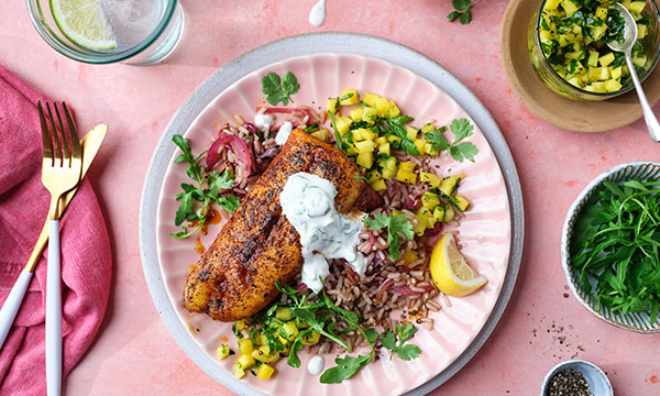 Spiced Hake with Brown Rice, Mango Salsa & Creamy Coriander and Lime Dressing