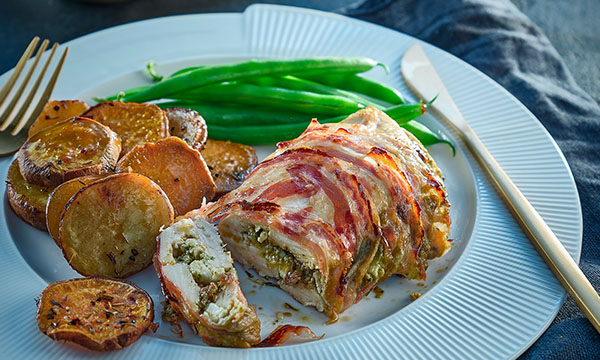 Pesto-Stuffed Chicken Breasts with Rustic Mixed Potatoes