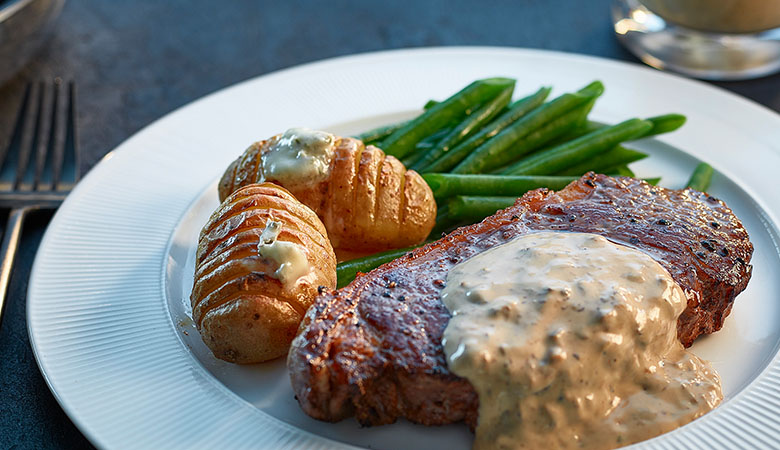 Neven Maguire's Striploin Steak with Mushroom & Truffle Sauce and Honey-Glazed Hasselback Potatoes