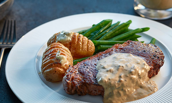 Striploin with Mushroom & Truffle Sauce and Honey Glazed Hasselback Potatoes