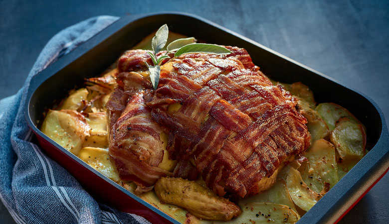 Neven Maguire's Bacon Lattice Roast Chicken with Boulangère Potatoes 