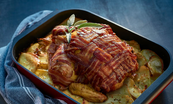 Bacon Lattice Roast Chicken with Boulangère Potatoes 