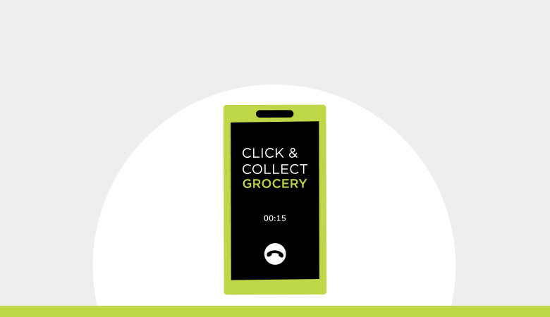 A smartphone displays the text Click & Collect Grocery, set against a minimalist background.