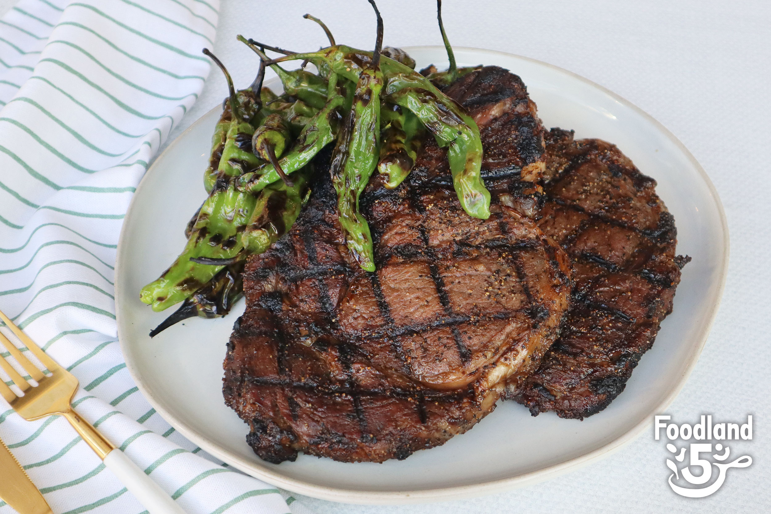 Grilled Peppered Ribeye Steak with Blistered Peppers