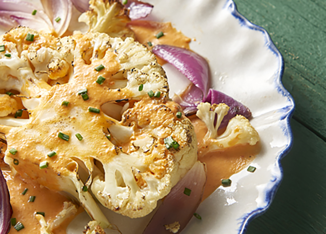 Roasted Cauliflower Steaks with Red Pepper Sauce