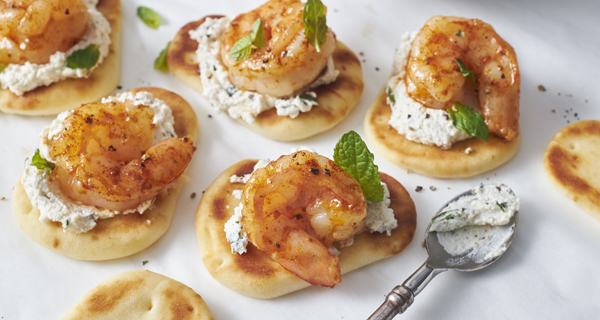 Shrimp Naan Bites with Goat Cheese & Mint