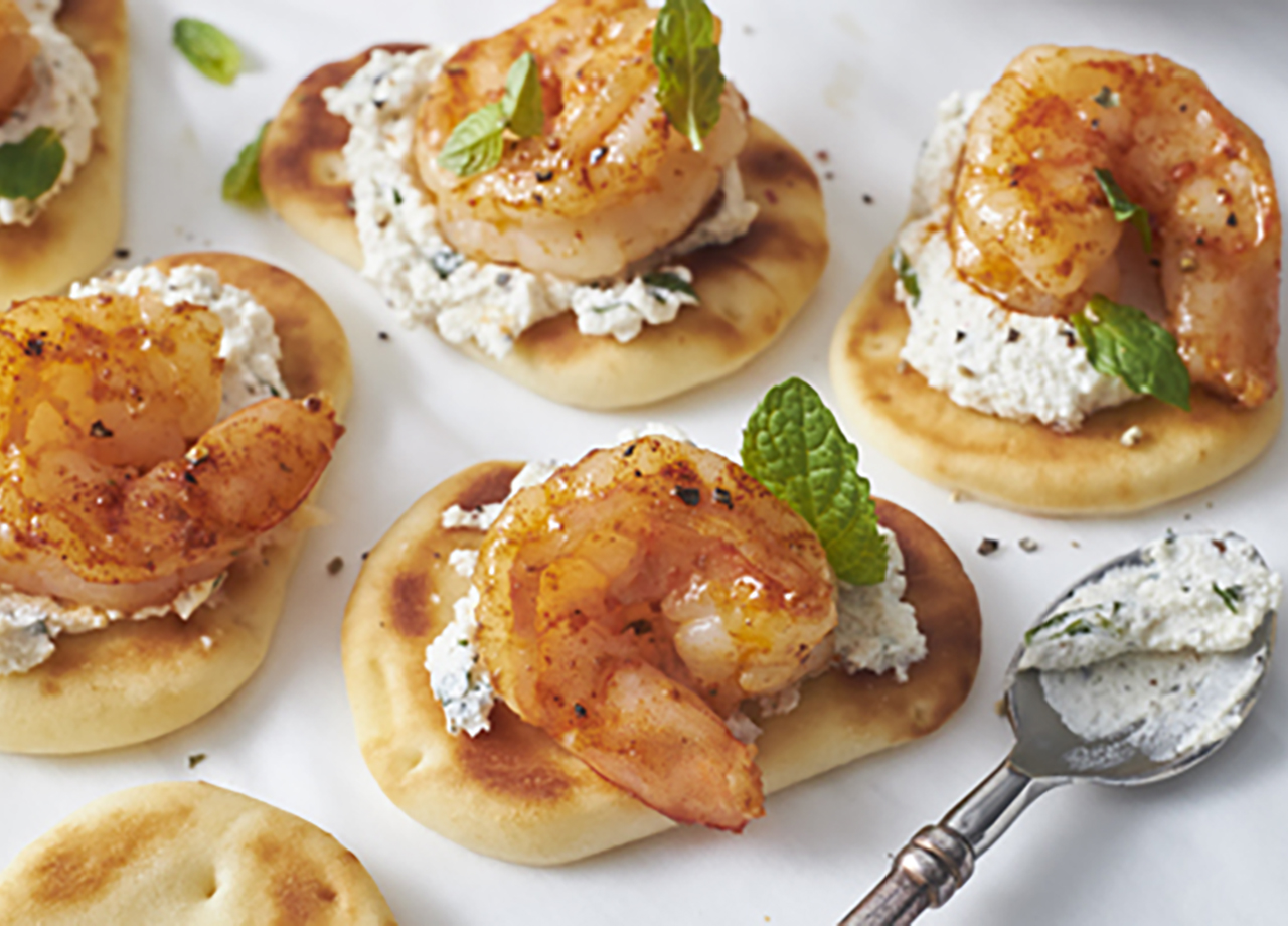 Shrimp Naan Bites with Goat Cheese & Mint