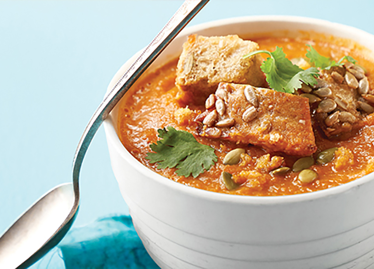 Sweet Potato and Carrot Soup with Homemade Croutons