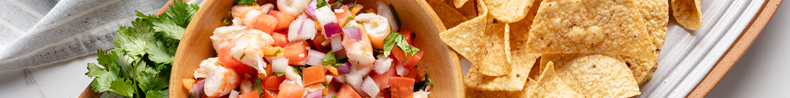 White Serving Platter with Shrimp Salsa and Corn Tortilla Chips