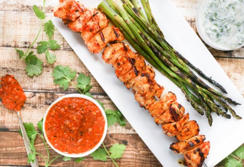 Recipe: Grilled Harissa Chicken Skewers with Yogurt Dipping Sauce