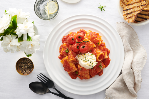Tomato and Caramelised Onion Rigati Pasta with Burrata