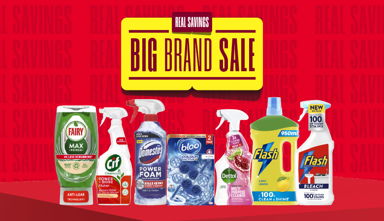 Various product imagery of household products on offer. The products range from washing detergent, fabric softener and cleaning products.