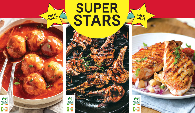 Images of chicken, beef & pork that are on offer at either 3 for €10 or 7 selected products on offer for a reduced price.