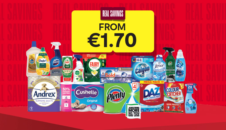 Various product imagery of household products on offer. The products range from washing detergent, fabric softener and cleaning products.