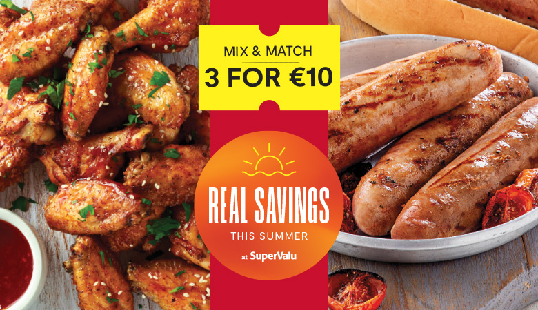 Images of chicken, beef & pork that are on offer at either 3 for €10 or 7 selected products on offer for a reduced price.