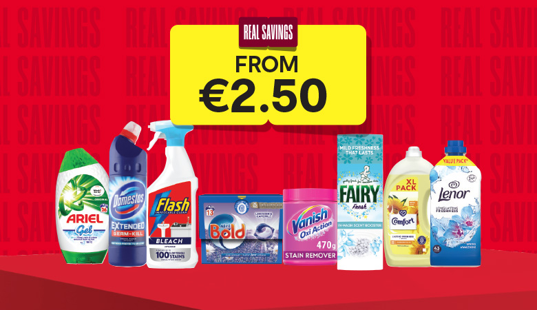Various product imagery of household products on offer. The products range from washing detergent, fabric softener and cleaning products.