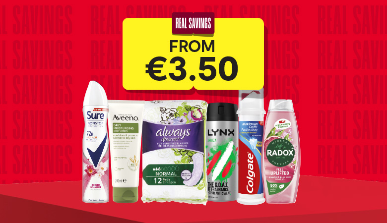 Various product imagery of personal care products on offer. 