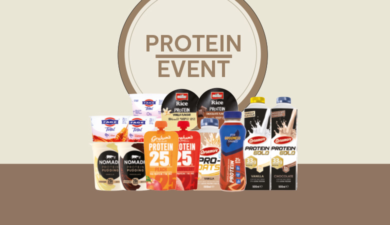 Various product imagery of protein products on offer.