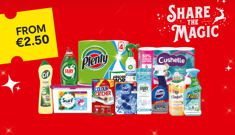 Various product imagery of household products on offer. The products range from washing detergent, fabric softener and cleaning products.