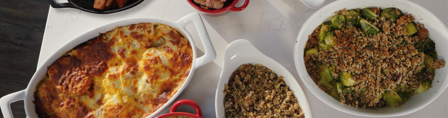 Brussel Sprouts and Leek Gratin with Cranberry, Orange and Apricot stuffing