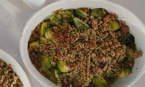 Brussel Sprouts and Leek Gratin with Cranberry, Orange and Apricot stuffing