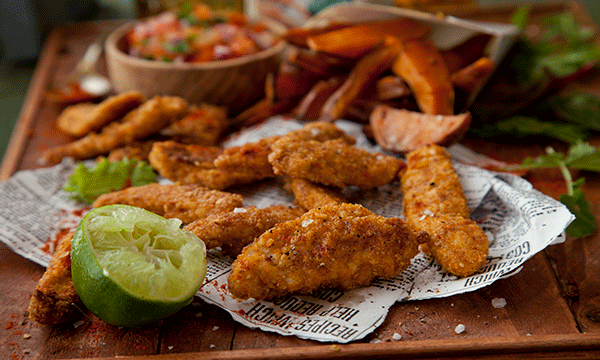 Oatie Chicken Goujons with Sweet Potato Wedges