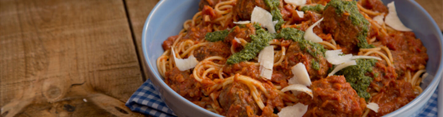 Baked Meatballs with Spaghetti & Pesto