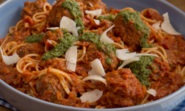 Baked Meatballs with Spaghetti & Pesto
