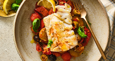 One Pan Cod with Tomato, Roasted Red Peppers, Olives and Potato     