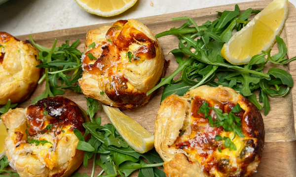 Puff pastry cheese bites, served with rocket leaves and slices of lemon