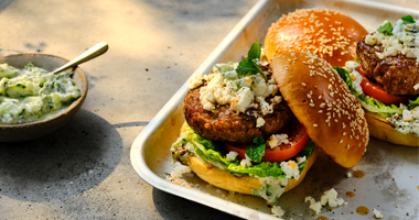 BBQ Lamb Burgers with Tzatziki, Baby Gem, Feta, and Tomato
