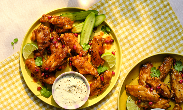 Plate of glazed chicken wings garnished with pomegranate seeds, lime wedges, and cilantro, served with celery sticks and a bowl of creamy blue cheese sauce