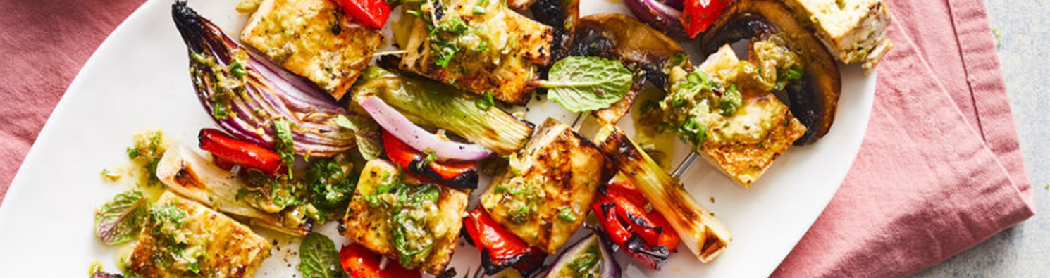 Mushroom Tofu Skewers with salsa verde and Happy Pear pesto