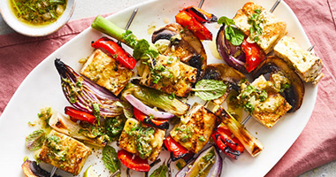 Mushroom Tofu Skewers with salsa verde and Happy Pear pesto