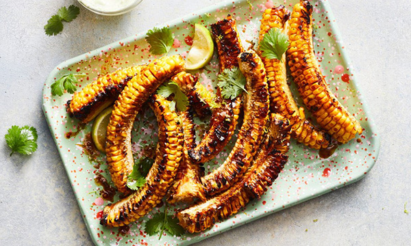 Sticky Charred Corn Ribs with a zingy coriander & lime mayo