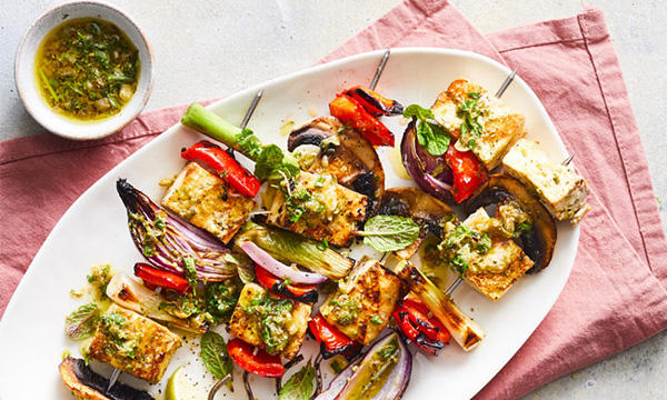 Mushroom Tofu Skewers with salsa verde and Happy Pear pesto