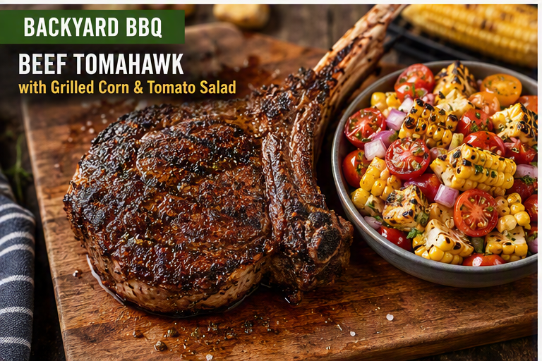 Backyard BBQ Beef Tomahawk with Grilled Corn & Tomato Salad