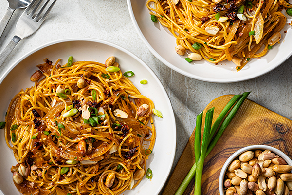 Caramelized Onion and Chili Crisp Pasta