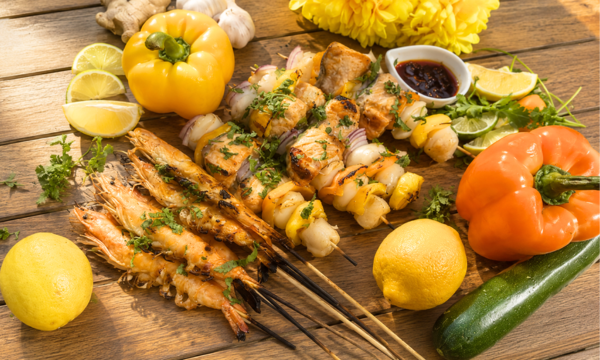 Asian Marinated Grilled Seafood & Veggie Skewers Recipe