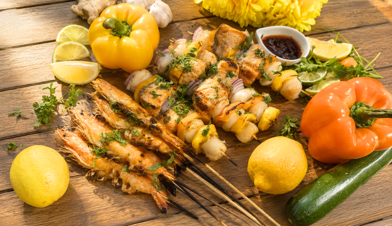 Asian Marinated Grilled Seafood & Veggie Skewers