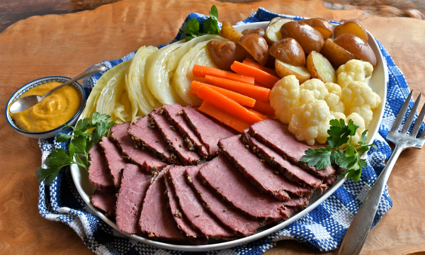 Corned Beef with Buttered Vegetables and Hot Mustard